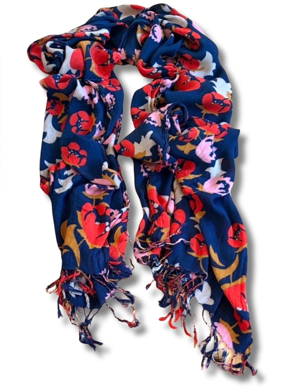 Spartina 449 Floral Scarf Navy Red Pink Fringe Lightweight Fall Boho Coastal